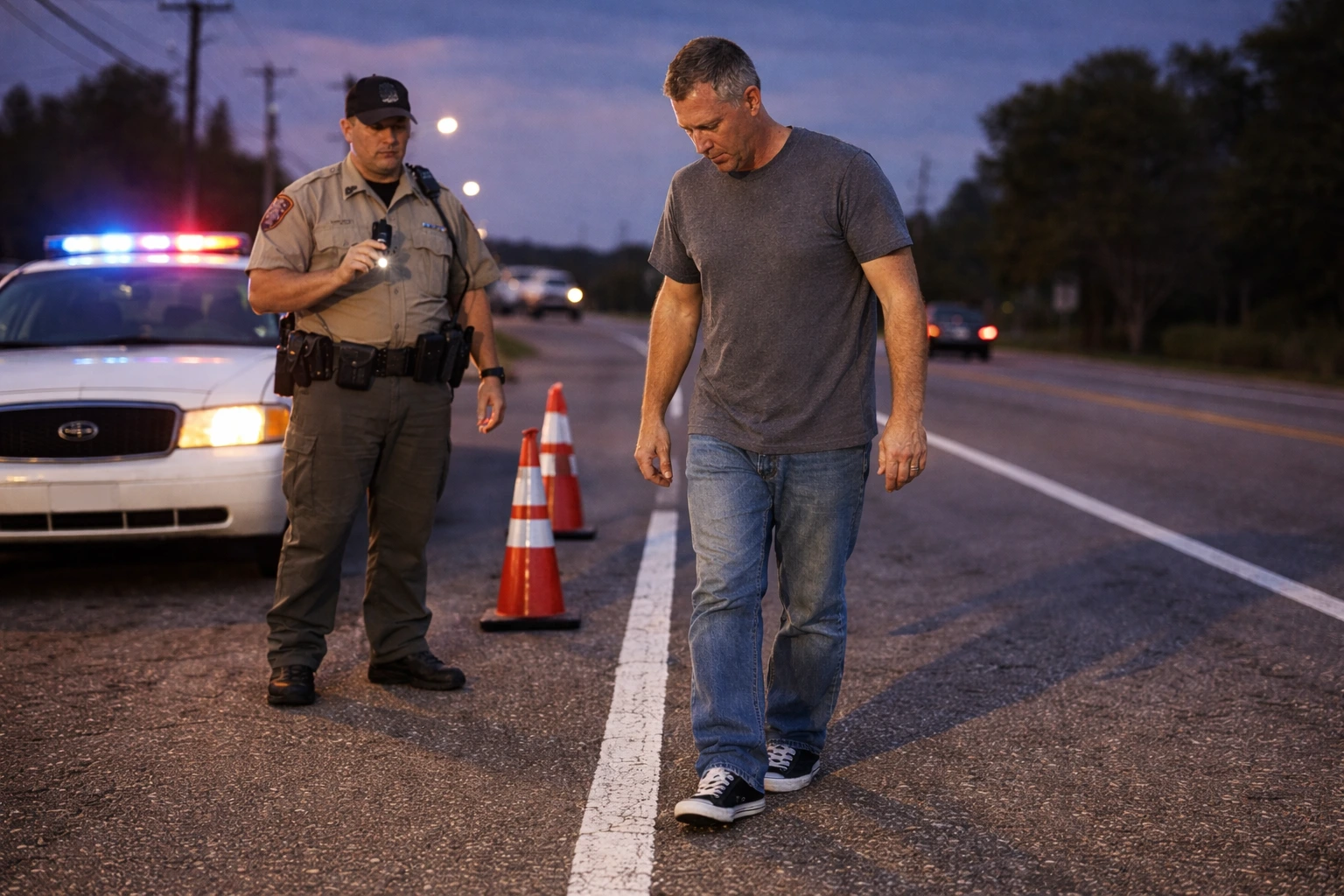 A walk-and-turn test monitors coordination and ability to follow instructions.